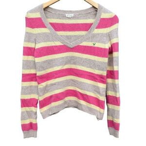 Barbie Pastel Pink Striped V Neck American Eagle Sweater Women M Cashmere Angora